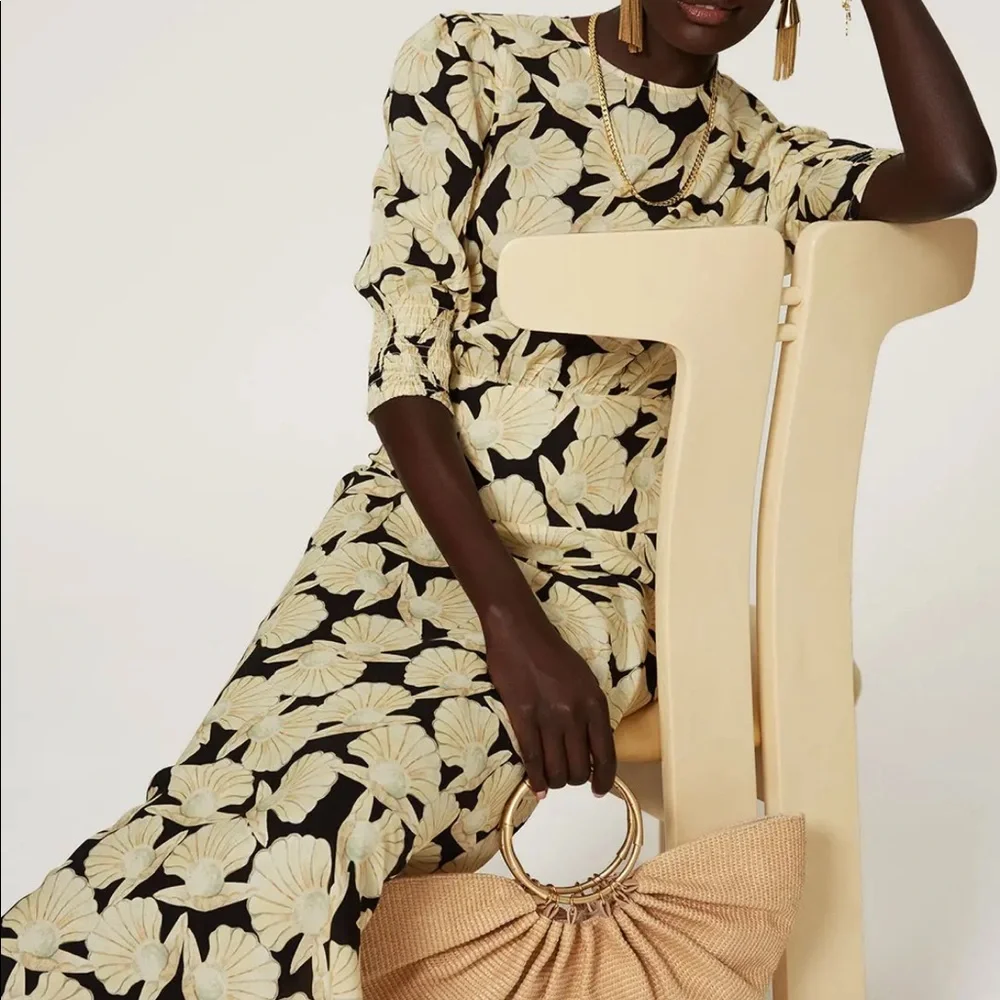 RIXO Black and Cream Leaf Print Midi Dress - Picture 5 of 7
